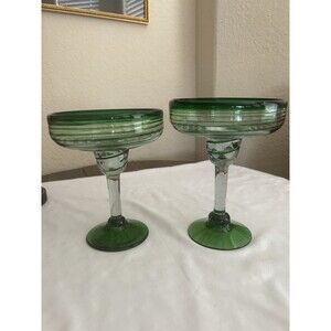 Set Of 2 Large Margarita Glasses hand-blown Green Swirl
